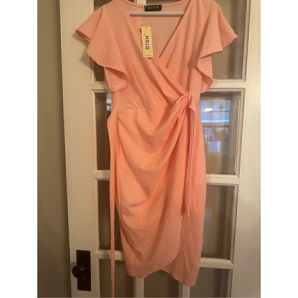 oten size small V Neck Ruffle Sleeve Sheath Casual Cocktail Party Work Faux Wrap - Picture 5 of 6